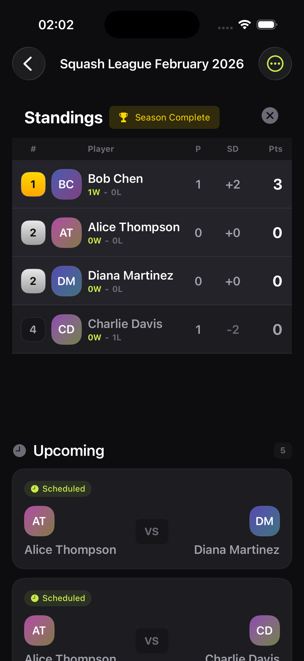 League dashboard with live standings and upcoming matches