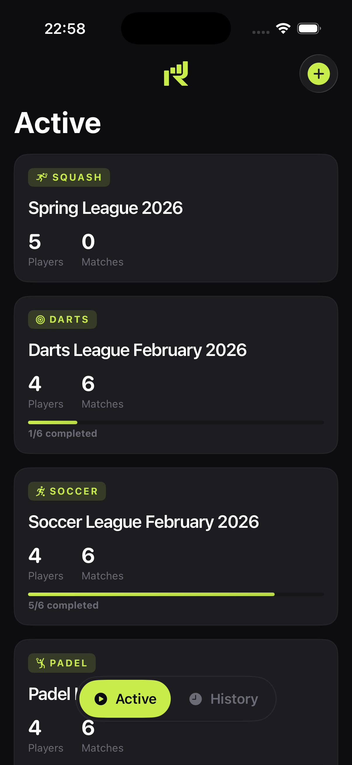 Home screen showing active leagues across multiple sports