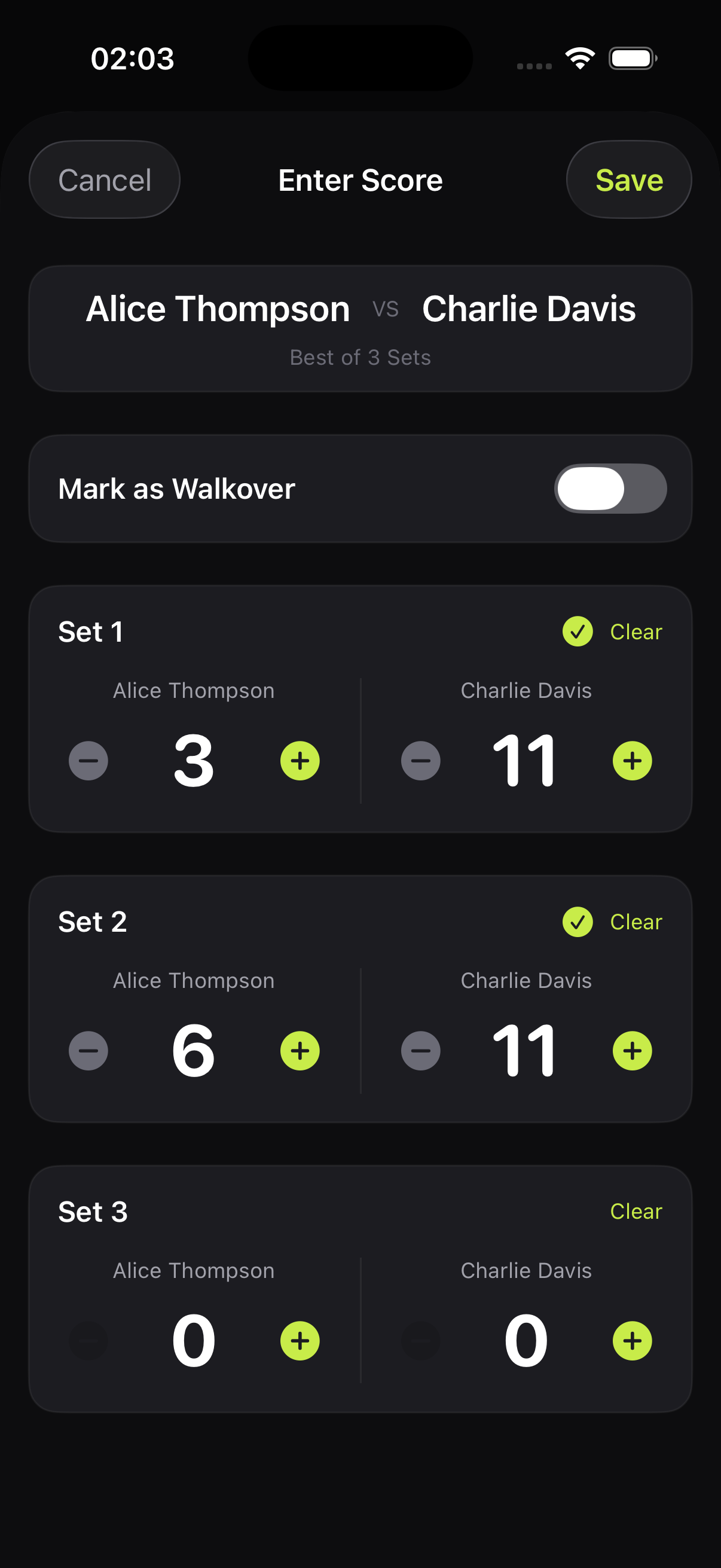 Match scoring sheet with stepper controls for each set