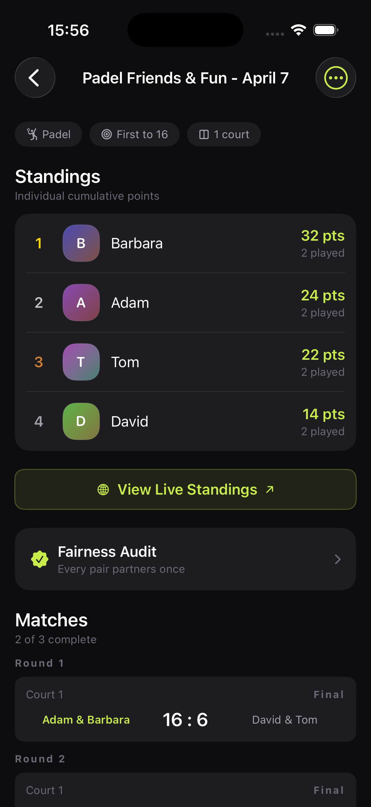Americano doubles session with standings and team matches
