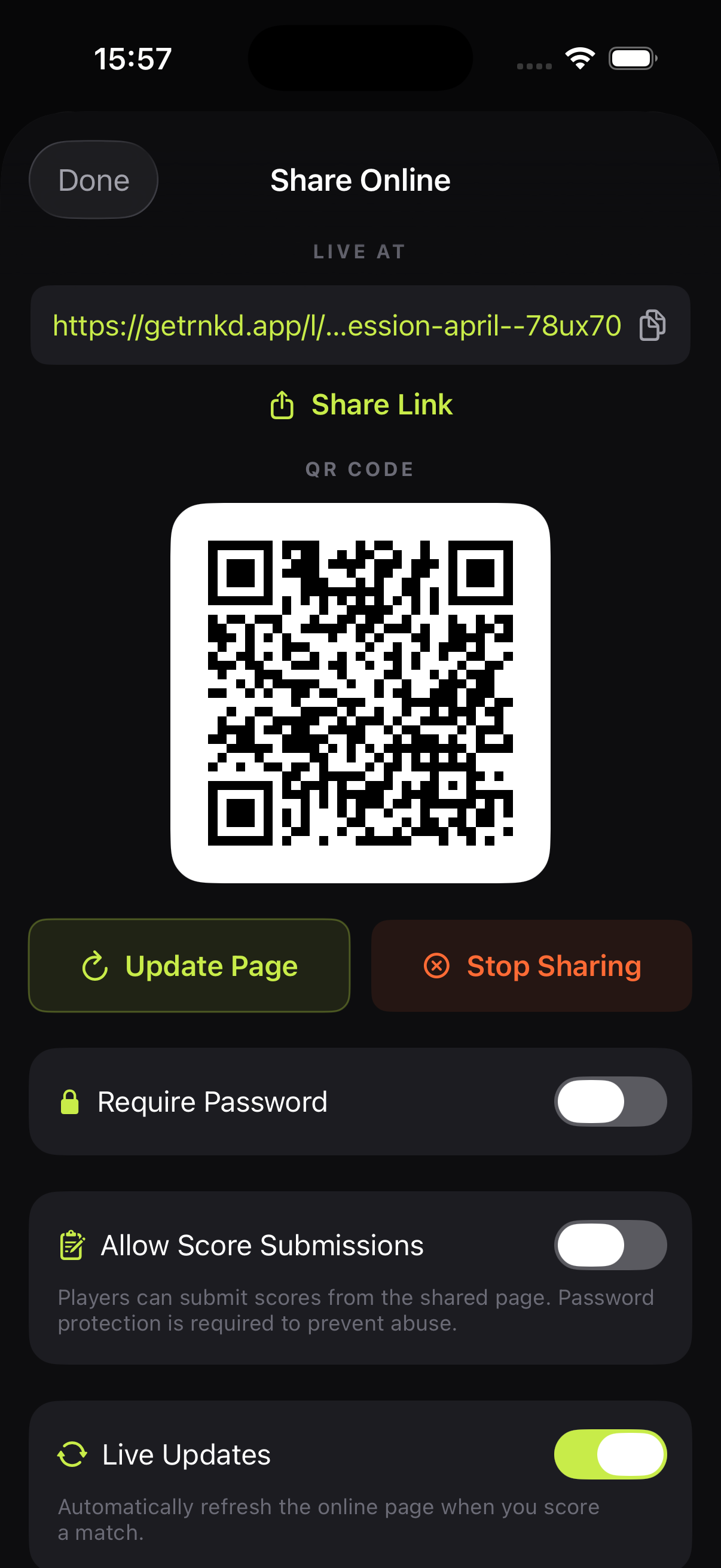 Share standings online with QR code and live link