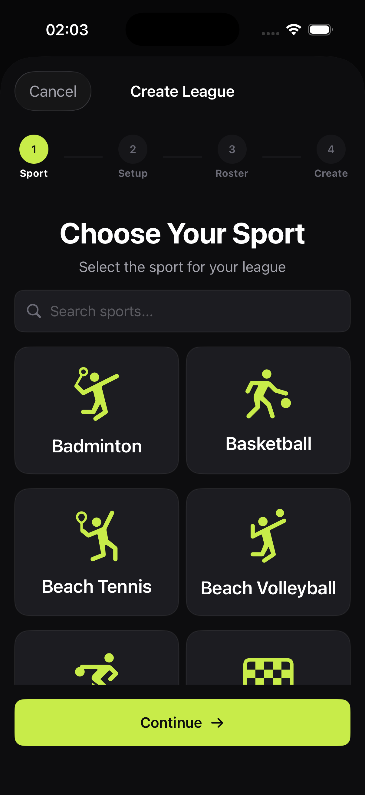 League creation wizard with sport selection grid